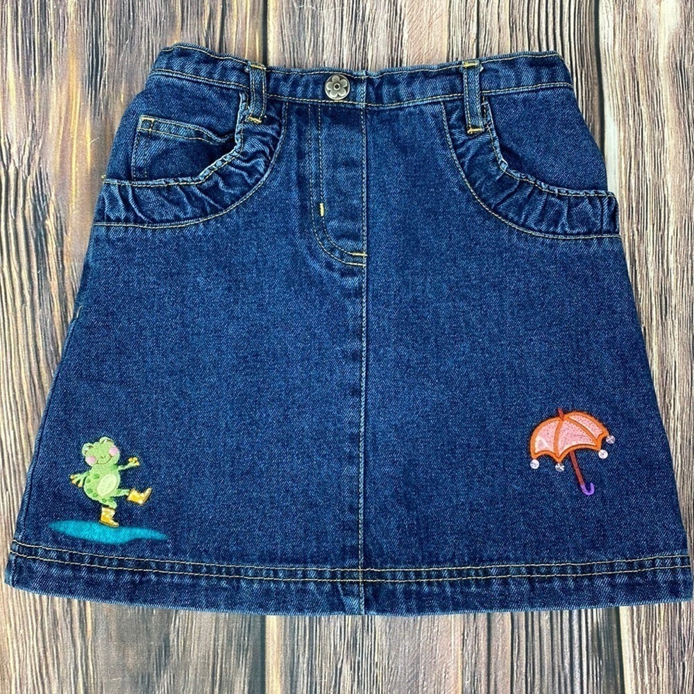 Girl’s Toffee Apple Jean Skirt w/ Embroidered Frogs & Umbrella - Size 5